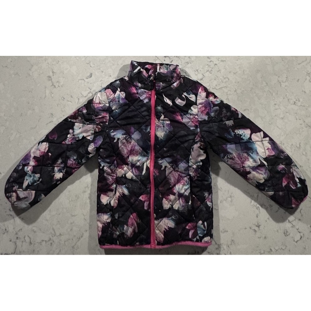Gerry Puffer Jacket Girls Small 7/8 Black Pink Floral Quilted Insulated Coat